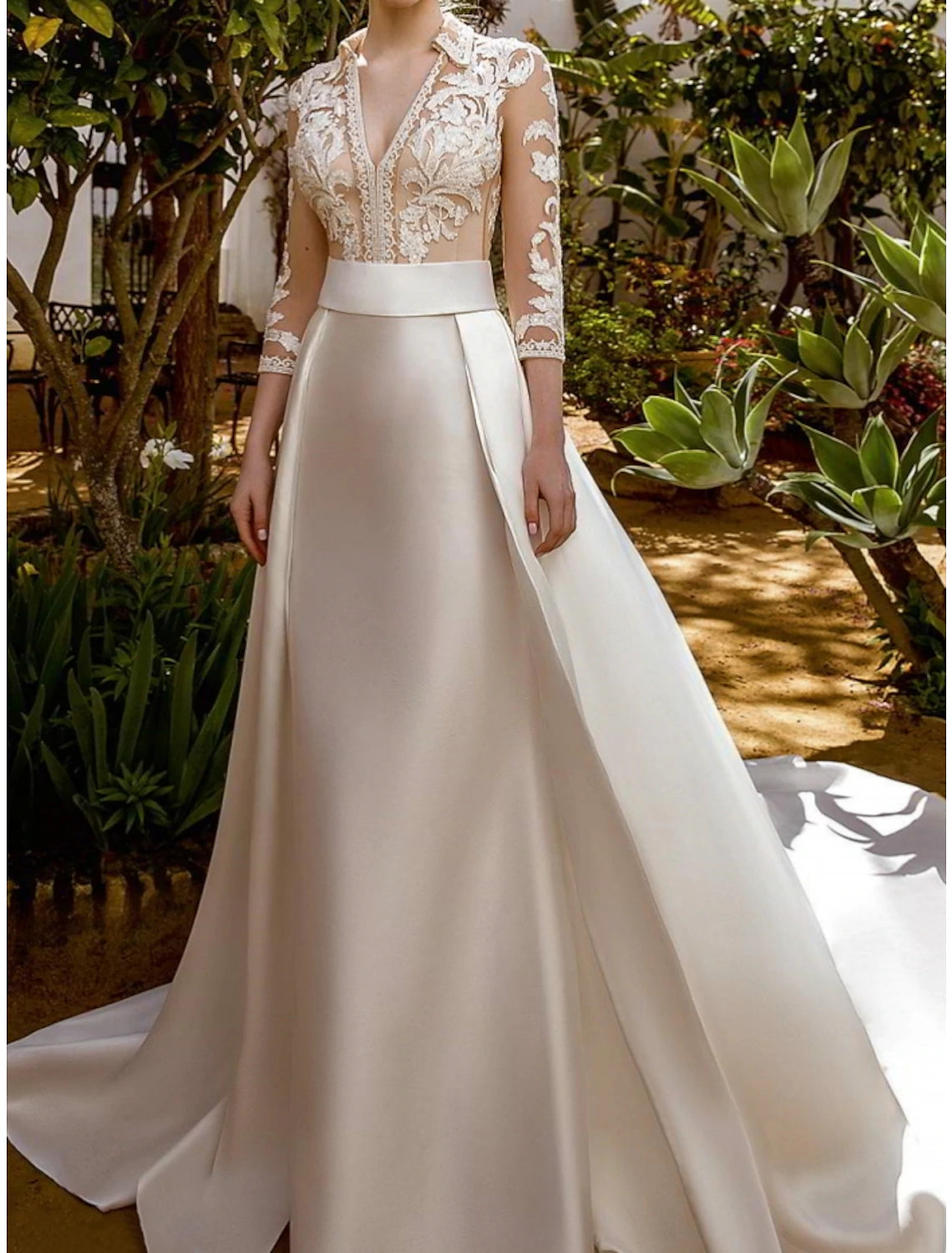 Wholesale Formal Wedding Dresses A-Line V Neck 3/4 Length Sleeve Court Train Satin Bridal Gowns With Pleats Solid Color